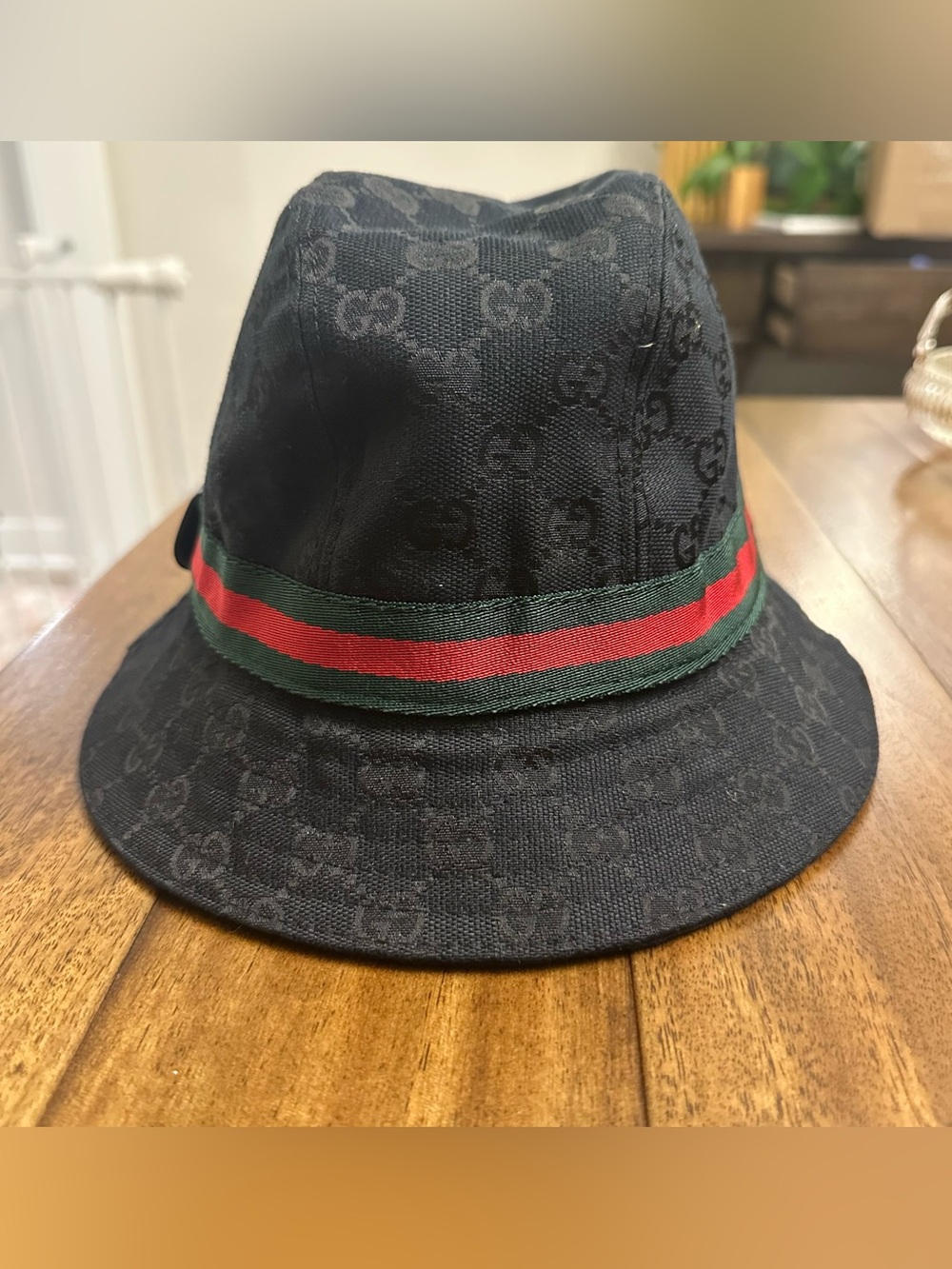 Gucci GG Monogram Canvas Bucket Hat Black Size M Web Stripe Leather Logo Vintage